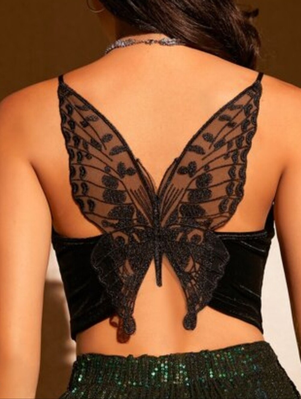 Black Velvet Camisole Crop Top Size Medium Butterfly Lace Back